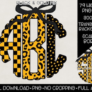 May include: A digital design featuring the letters "AB" and "B" in a circular monogram. The letters are in a mix of black and gold patterns, including leopard print, polka dots, and checkered designs. The design includes a black bow and a scalloped border. Text includes "BLACK & GOLD MIX", "79 HIGH RES PNG FILES", and "DIGITAL DOWNLOAD".