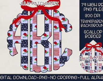July Patchwork Bow Monogram PNG | Digital Download | Fourth of July Patchwork Monogram PNG | 4th of July Coquette Monogram PNG |