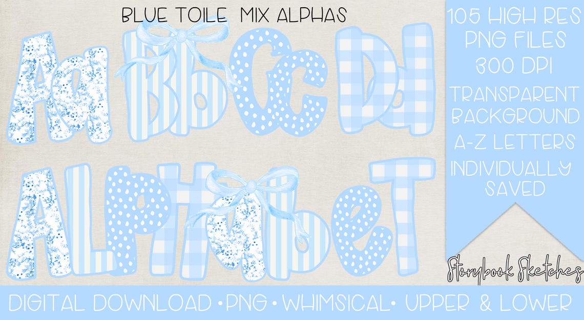Blue Toile Mix Alphabet PNG | Digital Download | Grandmillennial Toile ...