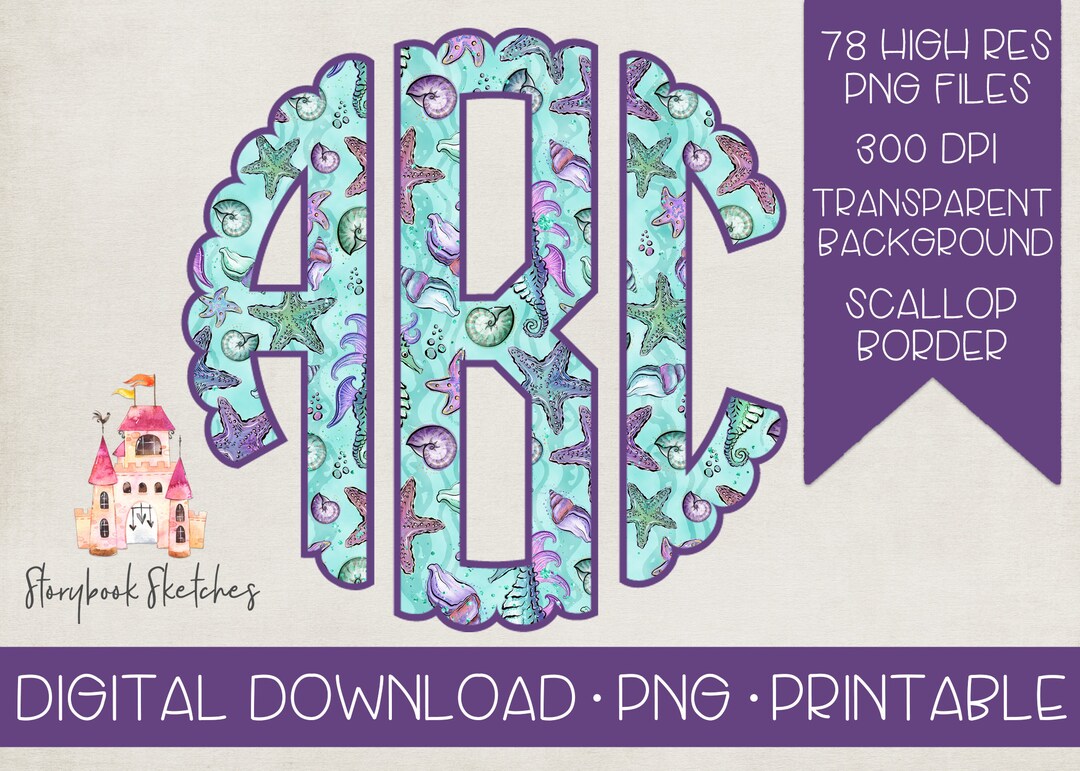 Purple Scallop Monogram With Sea Pattern Summer Monogram PNG Seashell ...
