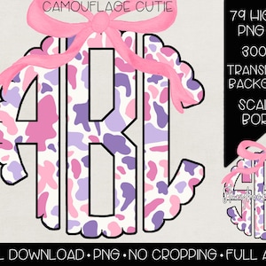 Camouflage Cutie Bow Monogram PNG | Digital Download | Pink and Purple Camouflage Bow Monogram PNG | Pink Camouflage Coquette Monogram PNG |
