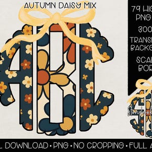 May include: A digital download graphic featuring a floral monogram design. The design includes the letters A, B, and I, with a scalloped border and a bow. The color palette includes navy, orange, and cream. Text includes "Autumn Daisy Mix".