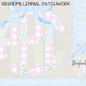 Monograma de patchwork Grandmillennial PNG / Descarga digital / Monograma de patchwork Grandmillennial Coquette PNG / Monograma de lazo de cuadros vichy florales