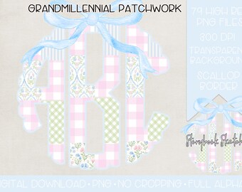 Monograma de patchwork Grandmillennial PNG / Descarga digital / Monograma de patchwork Grandmillennial Coquette PNG / Monograma de lazo de cuadros vichy florales