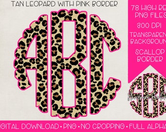 Leopard Monogram with Hot Pink Scallop Border PNG | Digital Download | Full Alphabet | 78 PNGs Individually Saved for Easy Usage |