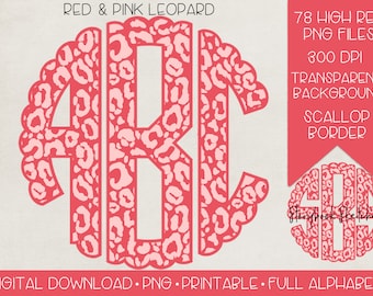 Red Pink Leopard Scallop Circle Monogram PNG | Digital Download | Full Alphabet | 78 PNGs Individually Separated | Valentine's Day Leopard