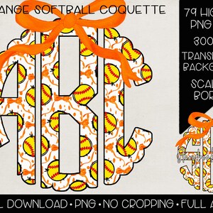 K&ouml;nnte beinhalten: Orangefarbener Softball-Monogramm mit einem gewellten Rand. Das Monogramm besteht aus den Buchstaben A, B und C. Die Buchstaben sind von einem Muster aus orangefarbenen und wei&szlig;en Softball-Designs umgeben. Das Monogramm befindet sich auf einem wei&szlig;en Hintergrund.