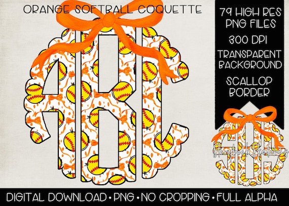 Orange Softball Coquette Monogram PNG | Digital Download | Softball Orange Bow Monogram PNG |