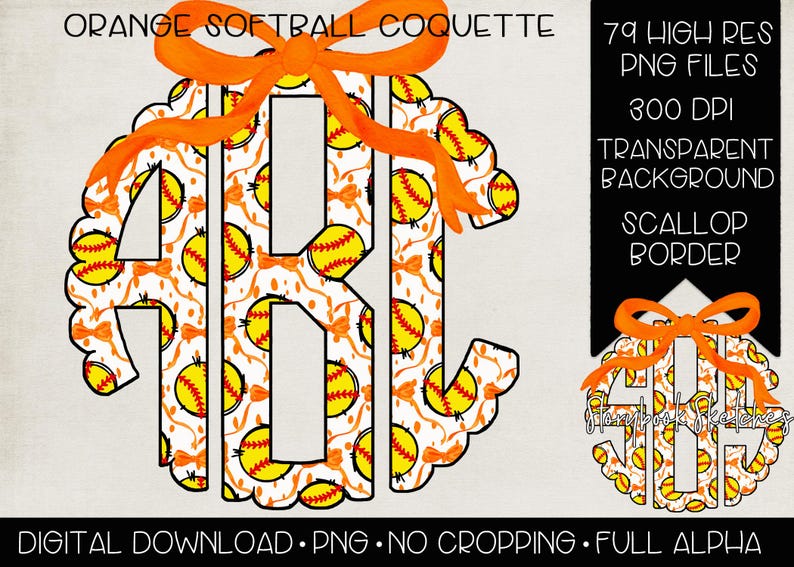 K&ouml;nnte beinhalten: Orangefarbener Softball-Monogramm mit einem gewellten Rand. Das Monogramm besteht aus den Buchstaben A, B und C. Die Buchstaben sind von einem Muster aus orangefarbenen und wei&szlig;en Softball-Designs umgeben. Das Monogramm befindet sich auf einem wei&szlig;en Hintergrund.