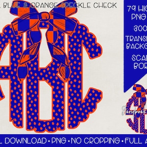 Monogram koningsblauw oranje spikkels met geblokte strik, png | Digitale download | Blauworanje gespikkeld geruit monogram, png | Blauworanje ruit
