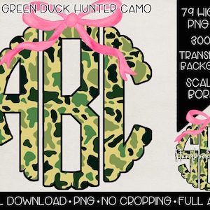 Green Duck Hunt Camo Monogram with Bow PNG | Digital Download | Green Camouflage Bow Monogram PNG | Green Camo Bow Monogram PNG |