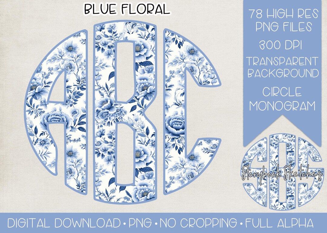 Blue Simple Monogram Blue and White Floral Circle Monogram PNG | Digital Download ...