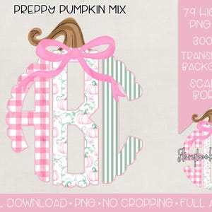 May include: A digital design featuring a monogram pumpkin with the letters "AB" in pink gingham, floral, and green striped patterns. The pumpkin has a brown stem and a pink bow. Text includes "Preppy Pumpkin Mix".