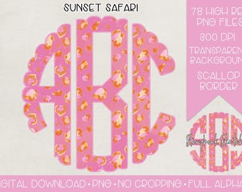 Monogram zonsondergangsafari png | Aquarel roze en oranje luipaardmonogram png | Oranje en roze cheetah aquarel monogram png | Aquarel