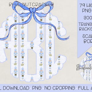 May include: A set of 79 high-resolution PNG files featuring a blue nutcracker monogram with a scalloped border. The monogram is surrounded by a blue ribbon and a pattern of nutcrackers. The background is transparent. The files are 300 DPI.