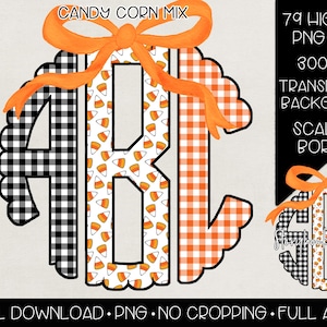 May include: A digital design featuring a monogram with the letters A, B, and C. The letters are in a scalloped circle, with a black and white checkered pattern, candy corn pattern, and orange and white checkered pattern. An orange bow is at the top. Text includes "CANDY CORN MIX".