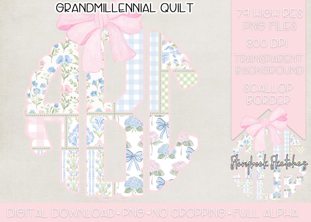 Quilted Monogram Grandmillennial Quilt Monogram PNG | Digital Download | Floral Gingham ...