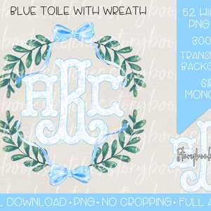 Aquarell Toile Monogramm mit Schleife Rahmen PNG | Digitaler Download | Blaue Toile Sirene Monogramm mit blauem Bogen Kranz Monogramm Rahmen PNG |