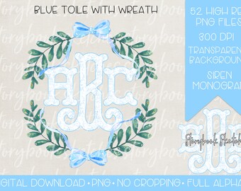 May include: A blue and white monogram with a wreath of green leaves and a blue bow. The monogram is in a script font and the letters are "ABC". The background is a light beige.