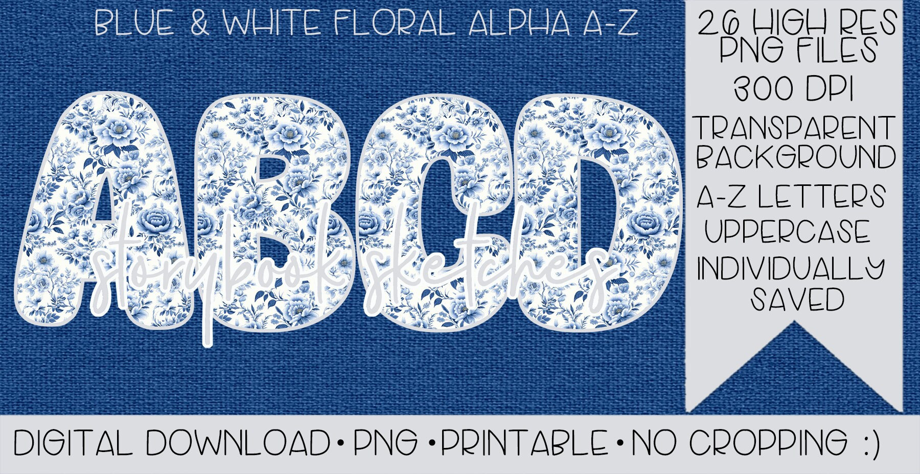 Blue & White Floral Alphabet A-Z PNG | Digital Download