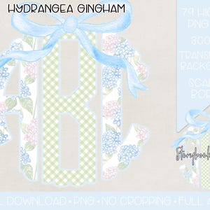 May include: Hydrangea Gingham monogram letters A, B, and C with a blue bow and a gingham background. 79 high-resolution PNG files, 300 DPI, transparent background, scallop border.