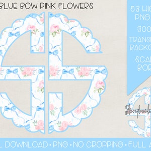 Blue Bow Pink Flowers Scallop Monogram PNG | Digital Download | Full Alpha | 2 Letter Scallop Monogram PNG | Coquette Bow Floral Monogram |
