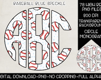 Könnte beinhalten: Ein Satz von 78 hochauflösenden PNG-Dateien eines Kreismonogramms mit einem Baseballmuster. Das Monogramm ist weiß mit schwarzem Umriss und mit roten und weißen Baseballs auf einem blau gesprenkelten Hintergrund gefüllt. Der Text "BASEBALL BLUE SPECKLE" befindet sich oben im Bild. Der Text "78 HIGH RES PNG FILES 300 DPI TRANSPARENT BACKGROUND CIRCLE MONOGRAM" befindet sich rechts im Bild. Der Text "DIGITAL DOWNLOAD PNG NO CROPPING FULL ALPHA" befindet sich unten im Bild.