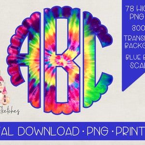 May include: A tie-dye monogram with the letters ABC in a circular design with a blue scalloped border. The image includes the text "78 HIGH RES PNG FILES, 300 DPI, TRANSPARENT BACKGROUND, BLUE BORDER SCALLOP" and "DIGITAL DOWNLOAD • PNG • PRINTABLE".