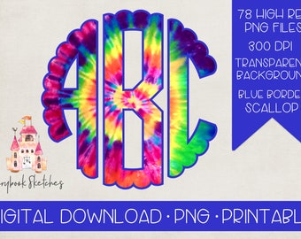 Tie Dye Monogram PNG | Tie Dye Digital Download Blue Scallop Circle Monogram | Tie Dye Clipart Tye Dye Alphabet Tie Dye Monogram Rainbow PNG