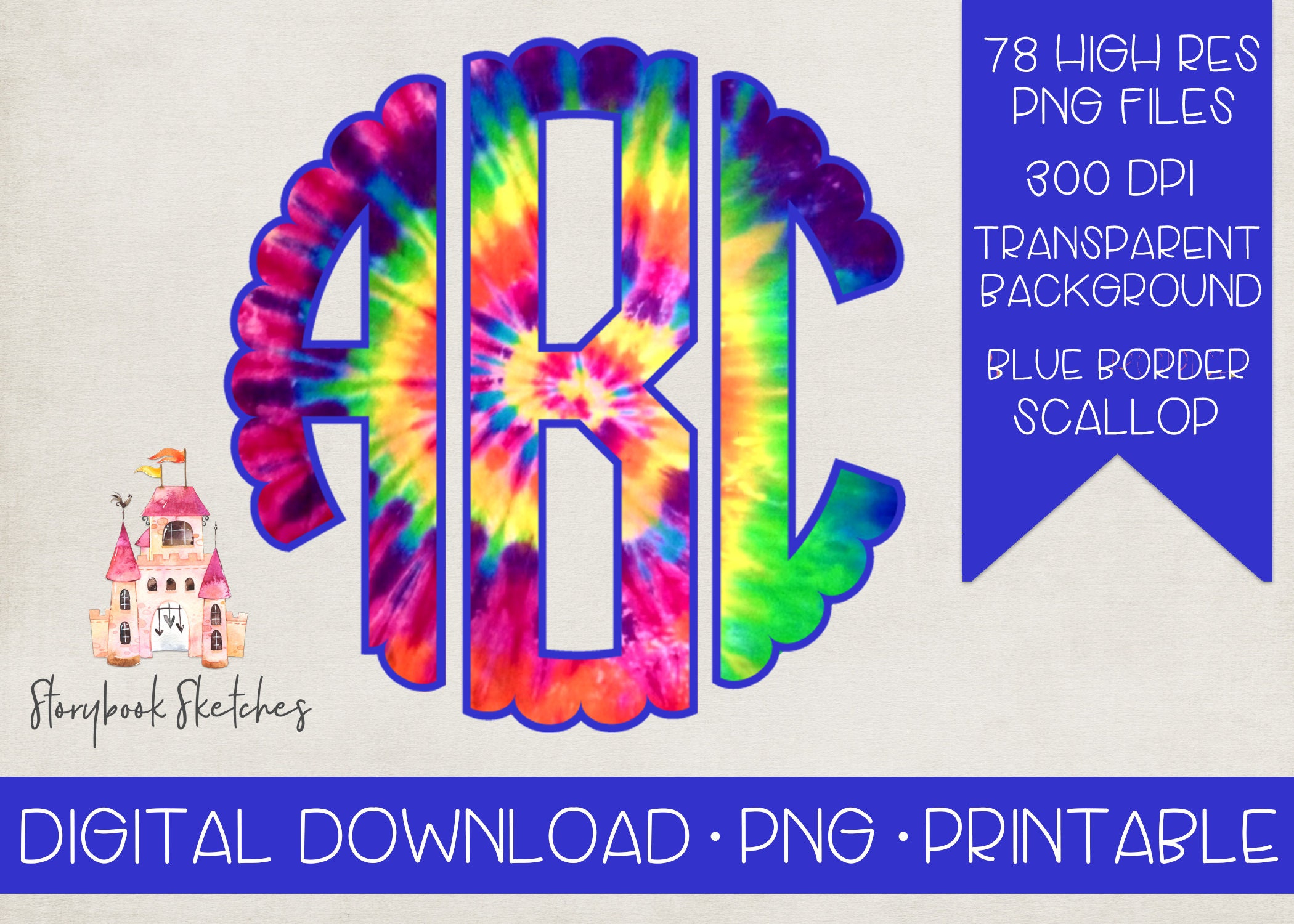 Tie Dye Monogram PNG | Tie Dye Digital Download Blue Scallop Circle M…