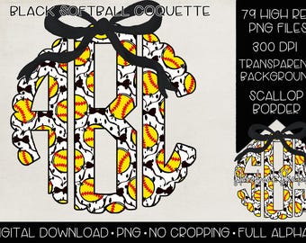 Black Softball Coquette Monogram PNG | Digital Download | Softball Black Bow Monogram PNG | Black Speckle Dalmatian Softball Bow Monogram