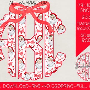 May include: A set of 79 high-resolution PNG files of monogram letters A, B, and C. The letters are surrounded by a white scalloped border and a red bow. The background is filled with a repeating pattern of Santa Claus faces and red bows.