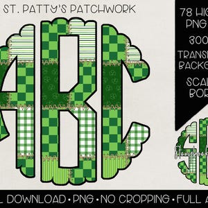 May include: Set of 78 digital monogram letters in a green, white, and gold patchwork design with a scalloped border. The letters are in a bold, block font. The letters are perfect for creating personalized crafts and projects.