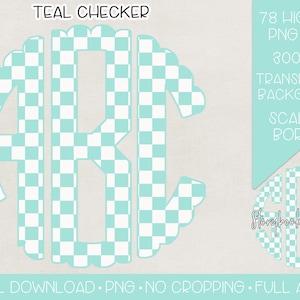 May include: Teal and white checkered monogram letters A, B, and C with a scalloped border. 78 high resolution PNG files, 300 DPI, transparent background.