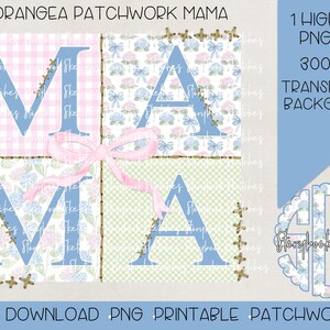 May include: A digital download of a patchwork design featuring the word "MAMA" in blue letters on a background of pink, blue, and green floral patterns. The design is perfect for crafting projects, scrapbooking, or creating personalized gifts.