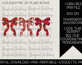 Holiday Mix Up Bows PNG | Digital Download | Christmas Bows PNG | Christmas Coquette PNG | Plaid Christmas Bow png | Holiday Tartan Bows png