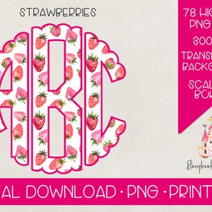 Watercolor Strawberry Scallop Circle Monogram PNG | Digital Download | Strawberries Monogram PNG | Strawberry Monogram Printable |