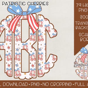 May include: A digital design featuring a monogram with the letters ABK, decorated with patriotic cherries, stars, and bows in red, white, and blue. The design has a scalloped border and is labeled "Patriotic Cherries".