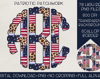 May include: A set of 78 digital monogram designs featuring a patriotic patchwork pattern with red, white, and blue colours, leopard print, and a scalloped border. The designs are high resolution PNG files with a transparent background.