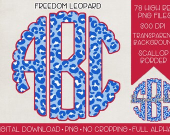 May include: A digital design with the letters "ABC" in a blue leopard print pattern with a red outline. The design is set against a white background and includes the text "FREEDOM LEOPARD". Additional text details the digital download, including "78 HIGH RES PNG FILES".