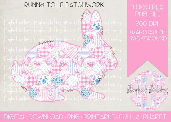 Bunny Bow Toile Patchwork Bunny Rabbit PNG | Digital Download | Easter Patchwork Rabbit PNG |