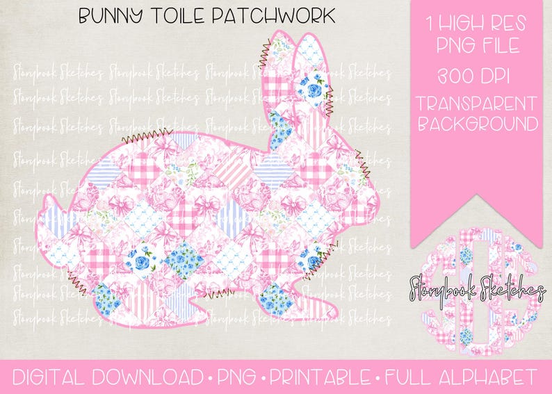 Pu&ograve; includere: Silhouette di coniglio rosa con un design patchwork. Il patchwork include motivi a quadretti, strisce, fiocchi ed elementi floreali in rosa e blu. Il testo sull'immagine recita "Bunny Toile Patchwork".
