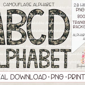 Camouflage Alphabet Pack PNG | Digital Download | Camo Alpha Printable | Camo Alpha PNG | Camouflage Patterned Alphabet A-Z Camo Letters PNG