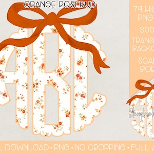May include: A digital graphic featuring the letters ABC in a monogram style with a white background and an orange floral rosebud pattern. The letters have a scalloped border and are topped with a large orange bow. Text includes ORANGE ROSEBUD.