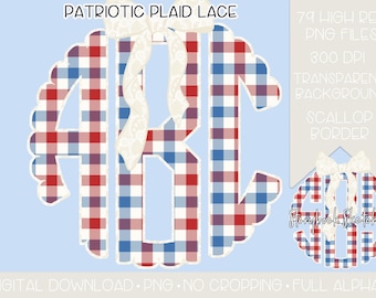Monogram patriottische geruite kant strik png | Digitale download | Rood-wit en blauw geruite kant strik monogram, png | Monogram met gingang van Fourth of July