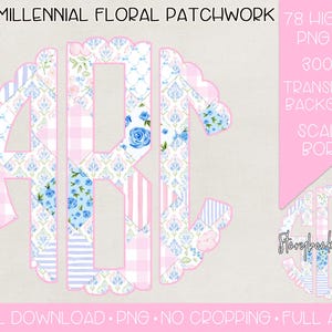 May include: A monogram initial with a scalloped border. The monogram is made up of patchwork fabric with floral and gingham patterns in pink, blue, and white.