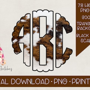 May include: A set of 78 monogram letters in a cowhide pattern with a black scalloped border. The letters are in a circle and are perfect for crafting projects.