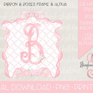 Watercolor Pink Bow Floral Monogram Frame and Alphabet PNG | Digital Download | Pink Bow Coquette Monogram PNG | Floral Bows Alphabet PNG |
