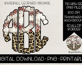 May include: A digital design featuring a baseball-themed monogram with the letters "4RB" in a distressed style. The design incorporates baseball textures, leopard print, and a scalloped border. Text includes "Baseball Leopard Grunge" and "Digital Download".