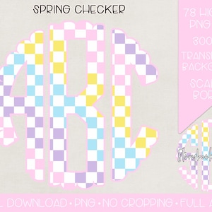 May include: A set of 78 high-resolution PNG files featuring a monogram design with a checkered pattern in pastel colors. The design has a scalloped border and a transparent background. The text "SPRING CHECKER" is visible at the top of the image.